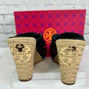 Tory Burch Black and Tan Espadrille Wedges